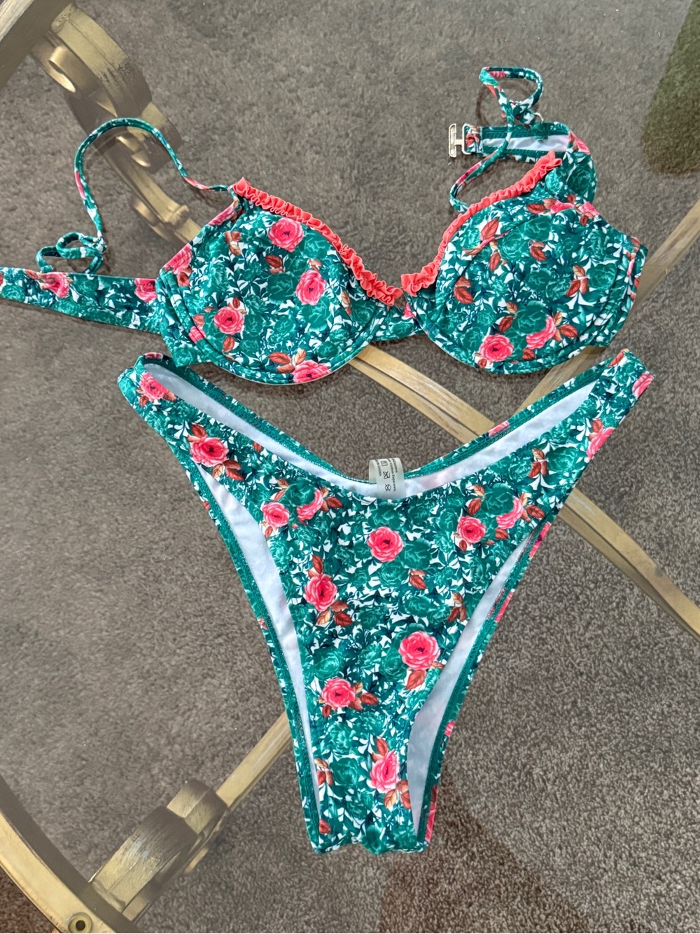 Floral Underwire Bikini Set - Green with Pink Roses